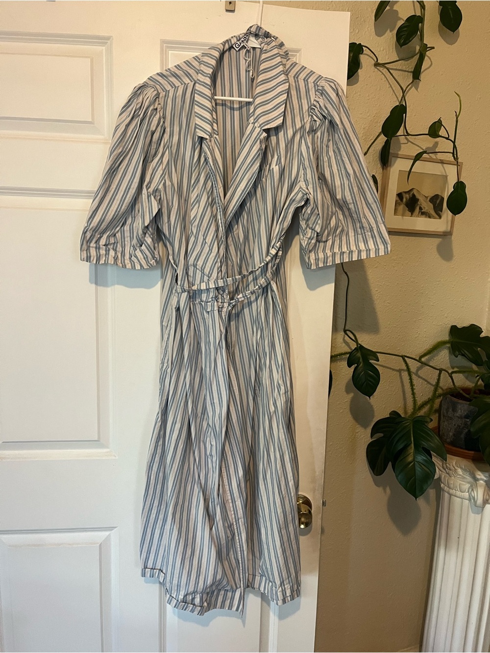 Ganni Blue and White Striped Midi Wrap Dress
